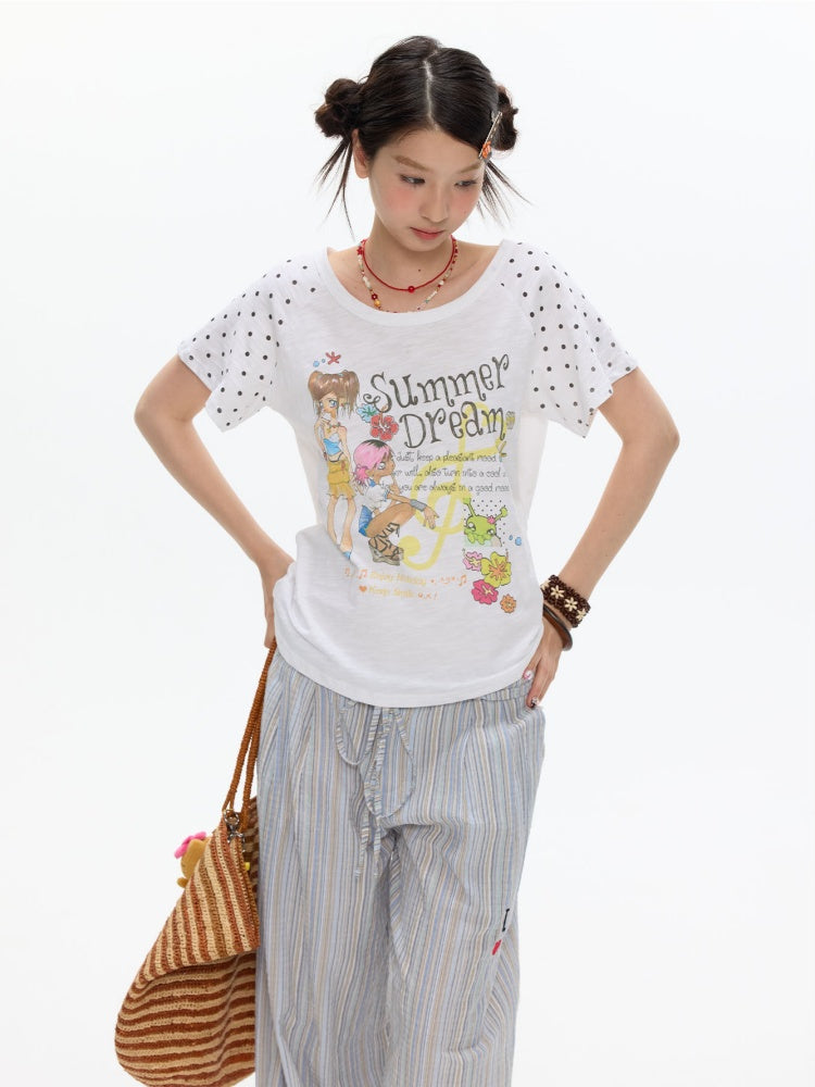 Polka Dot Large Collar Snowflake Cotton Short-Sleeve T-Shirt【s0000017359】