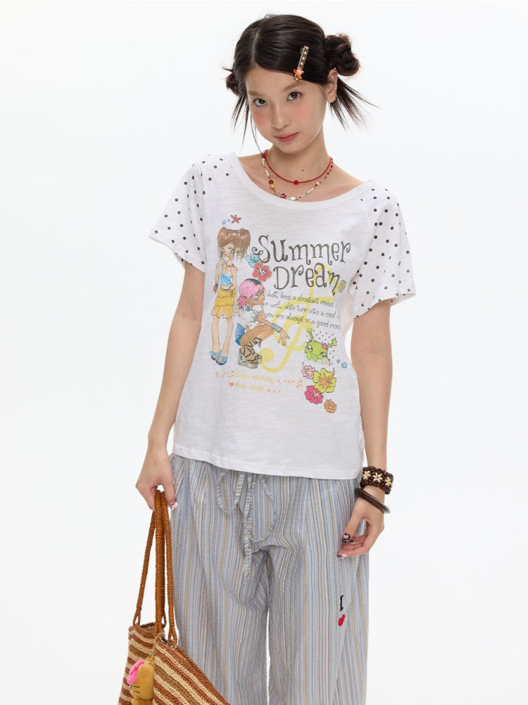 Polka Dot Large Collar Snowflake Cotton Short-Sleeve T-Shirt【s0000017359】