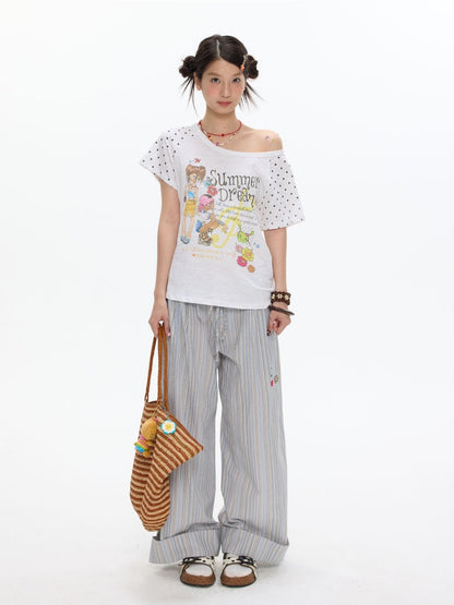 Polka Dot Large Collar Snowflake Cotton Short-Sleeve T-Shirt【s0000017359】