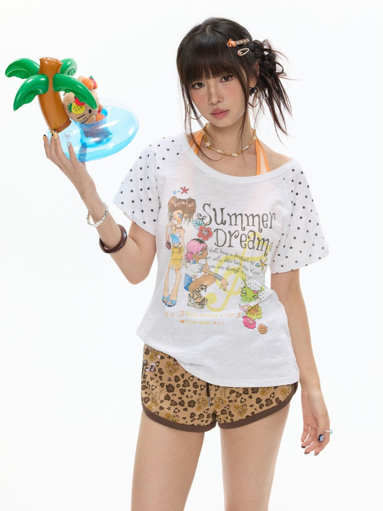 Polka Dot Large Collar Snowflake Cotton Short-Sleeve T-Shirt【s0000017359】