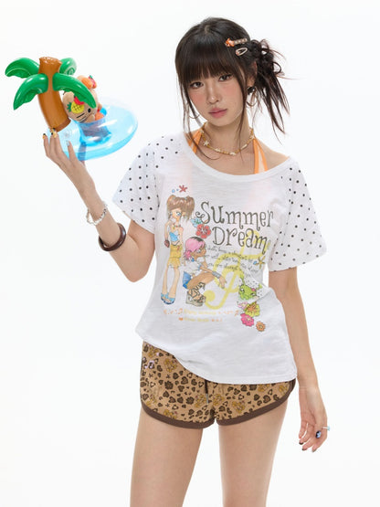 Polka Dot Large Collar Snowflake Cotton Short-Sleeve T-Shirt【s0000017359】