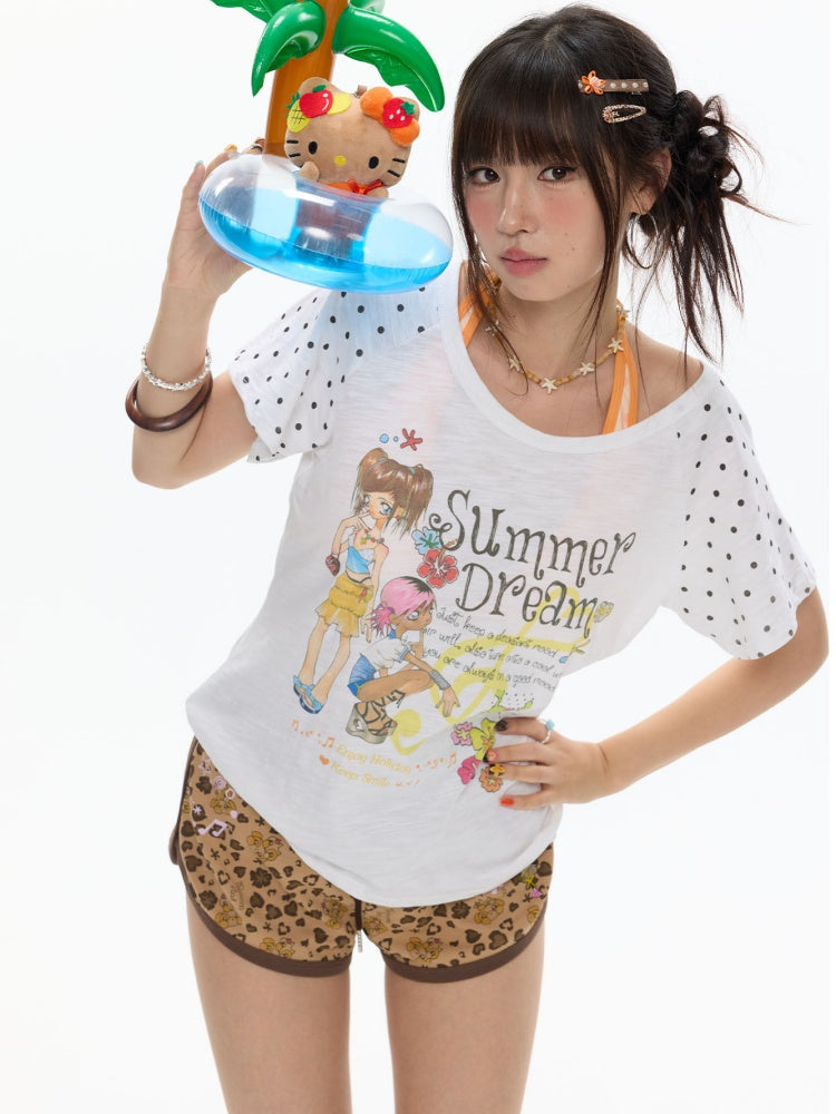 Polka Dot Large Collar Snowflake Cotton Short-Sleeve T-Shirt【s0000017359】