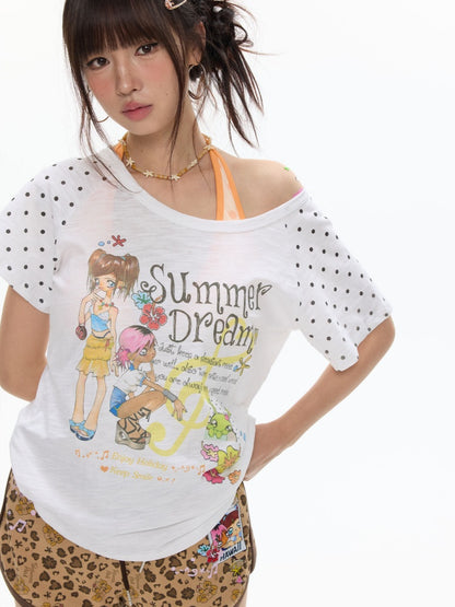 Polka Dot Large Collar Snowflake Cotton Short-Sleeve T-Shirt【s0000017359】