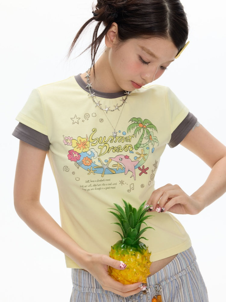 Island Mood Vacation Faux Layered Short-Sleeve T-Shirt【s0000017360】