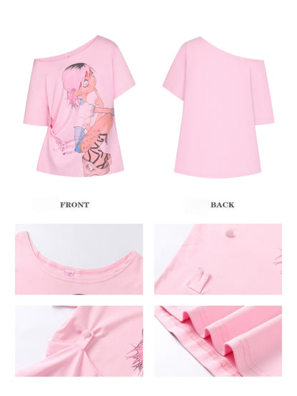 Slanted Shoulder Relaxation Manga Girl Print Short Sleeve T-Shirt【s0000017362】