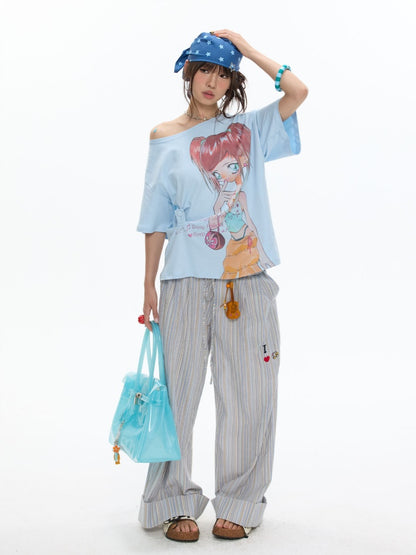 Slanted Shoulder Relaxation Manga Girl Print Short Sleeve T-Shirt【s0000017362】
