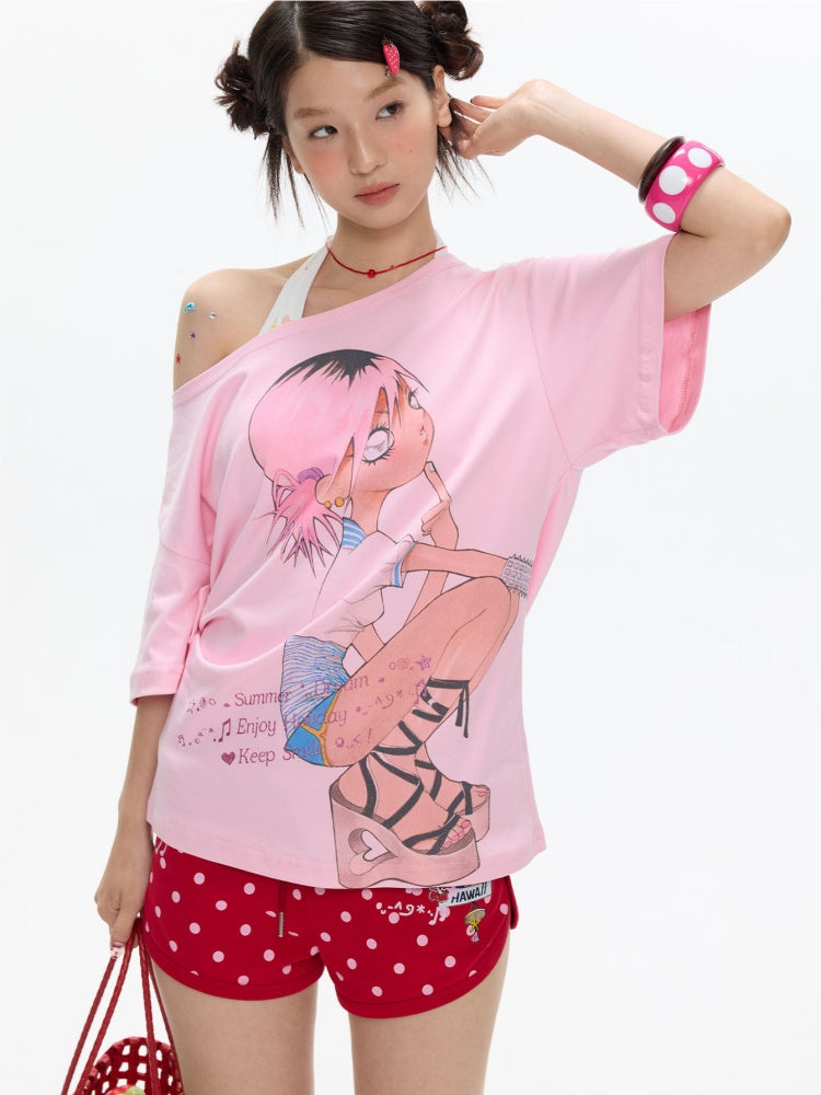 Slanted Shoulder Relaxation Manga Girl Print Short Sleeve T-Shirt【s0000017362】