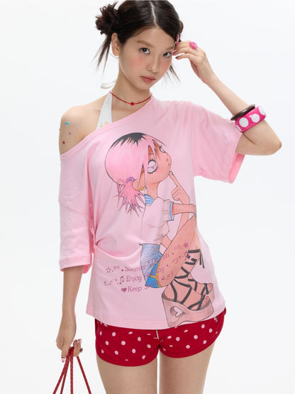 Slanted Shoulder Relaxation Manga Girl Print Short Sleeve T-Shirt【s0000017362】