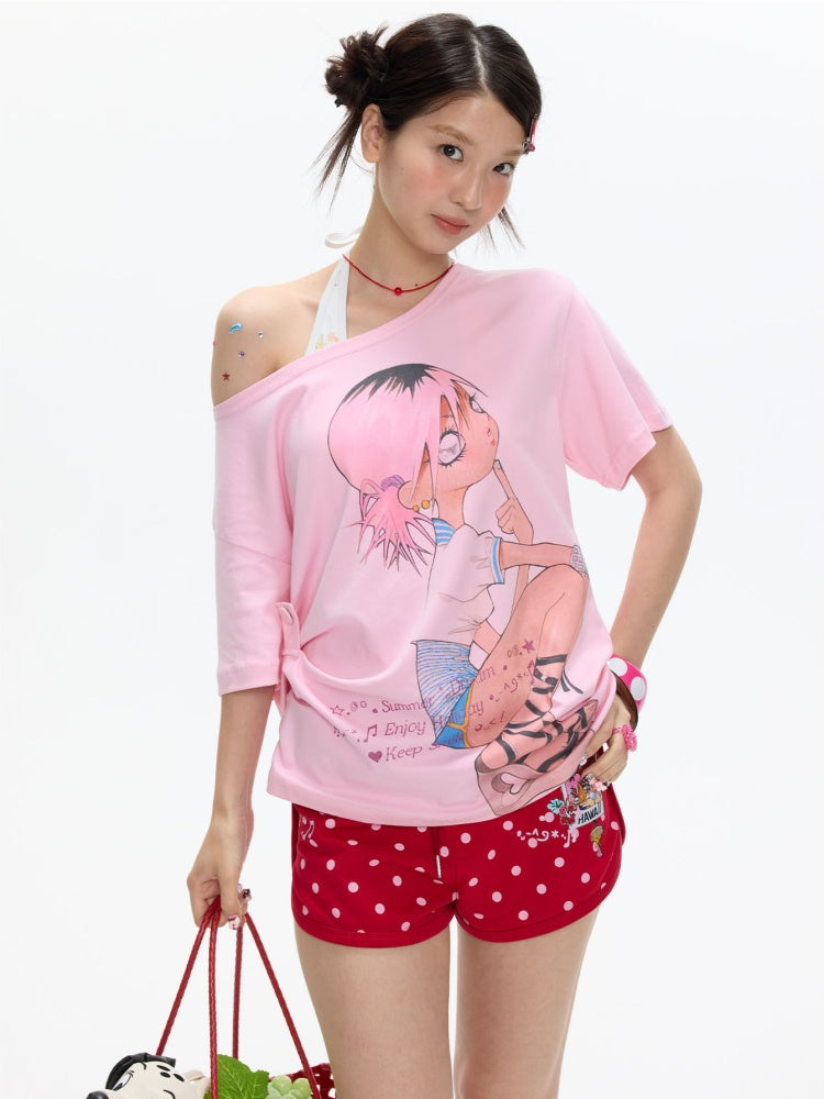 Slanted Shoulder Relaxation Manga Girl Print Short Sleeve T-Shirt【s0000017362】