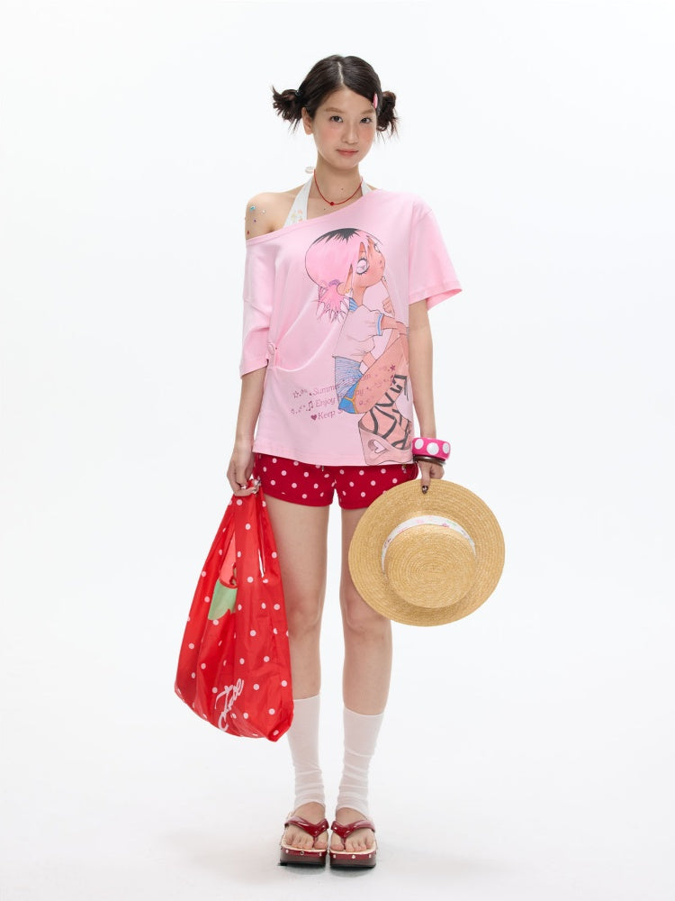 Slanted Shoulder Relaxation Manga Girl Print Short Sleeve T-Shirt【s0000017362】