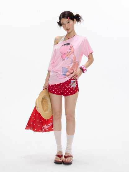 Slanted Shoulder Relaxation Manga Girl Print Short Sleeve T-Shirt【s0000017362】