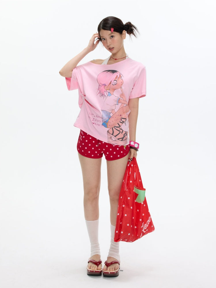 Slanted Shoulder Relaxation Manga Girl Print Short Sleeve T-Shirt【s0000017362】