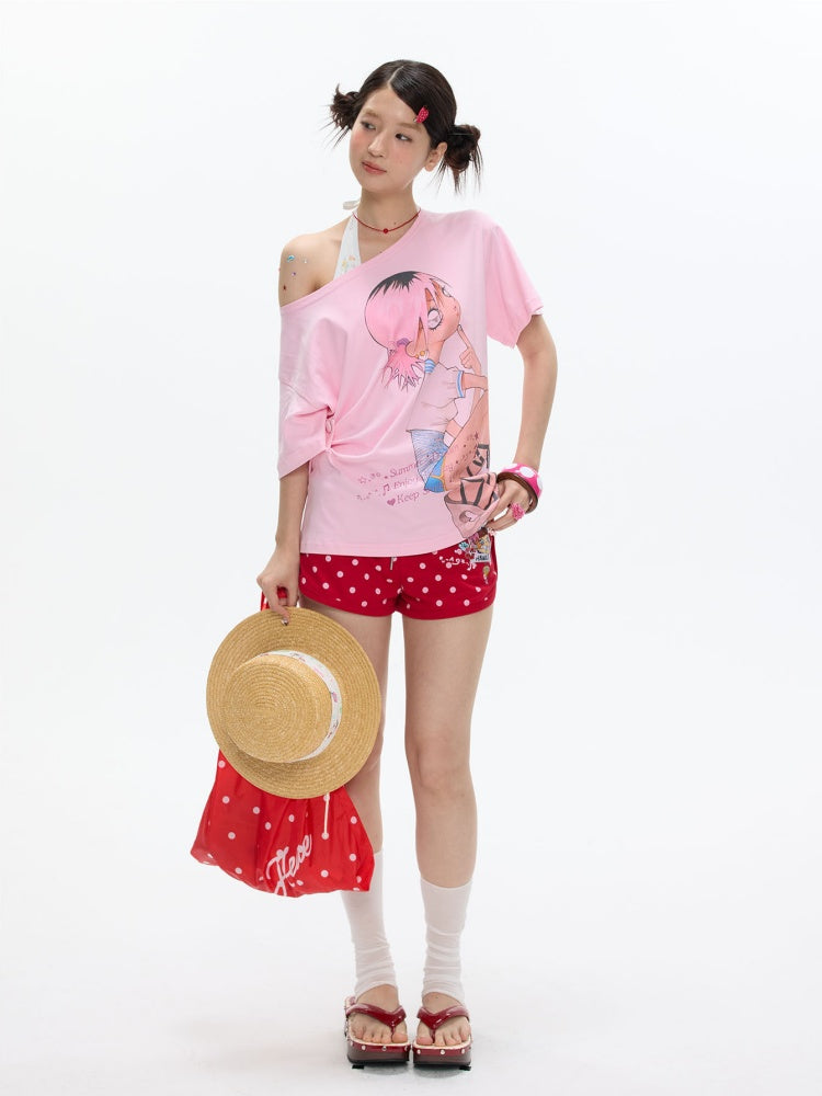 Slanted Shoulder Relaxation Manga Girl Print Short Sleeve T-Shirt【s0000017362】