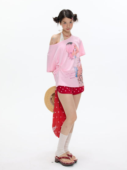 Slanted Shoulder Relaxation Manga Girl Print Short Sleeve T-Shirt【s0000017362】