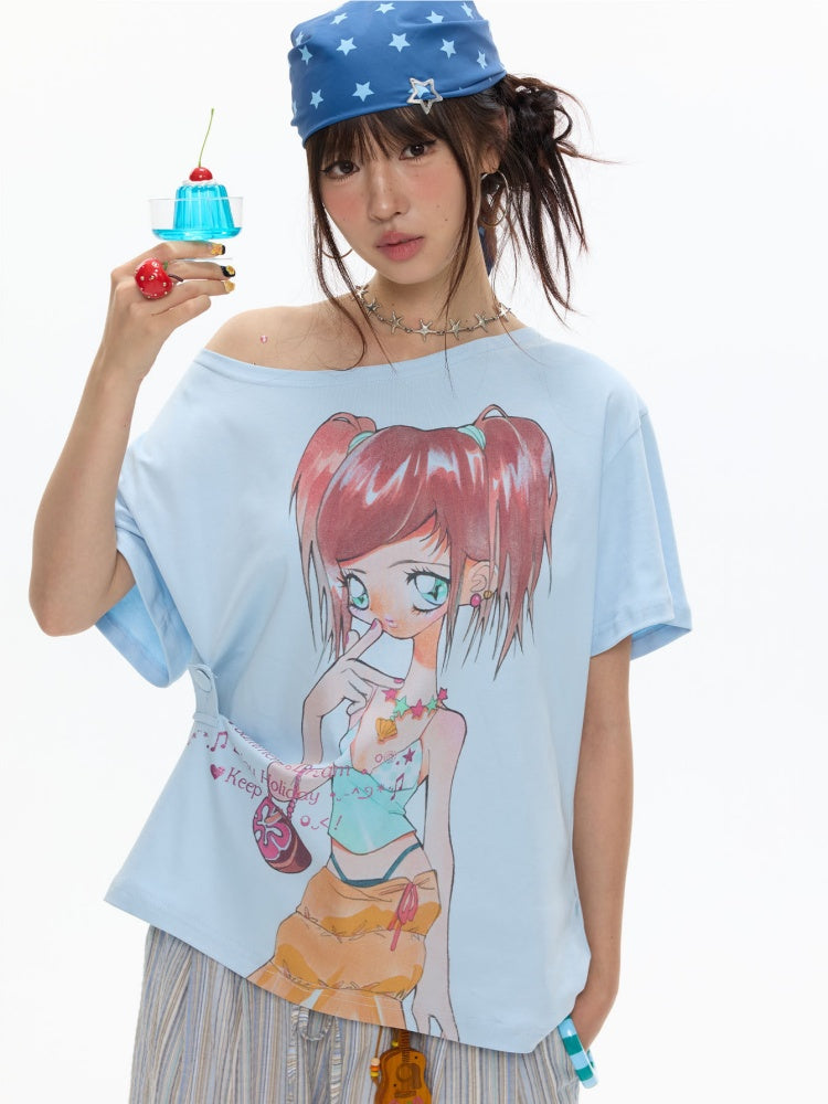 Slanted Shoulder Relaxation Manga Girl Print Short Sleeve T-Shirt【s0000017362】