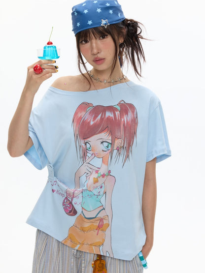 Slanted Shoulder Relaxation Manga Girl Print Short Sleeve T-Shirt【s0000017362】