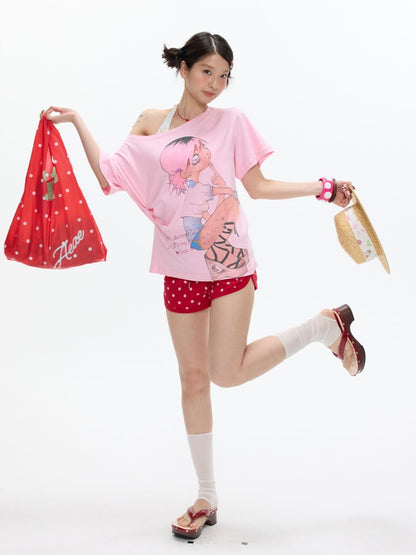 Slanted Shoulder Relaxation Manga Girl Print Short Sleeve T-Shirt【s0000017362】