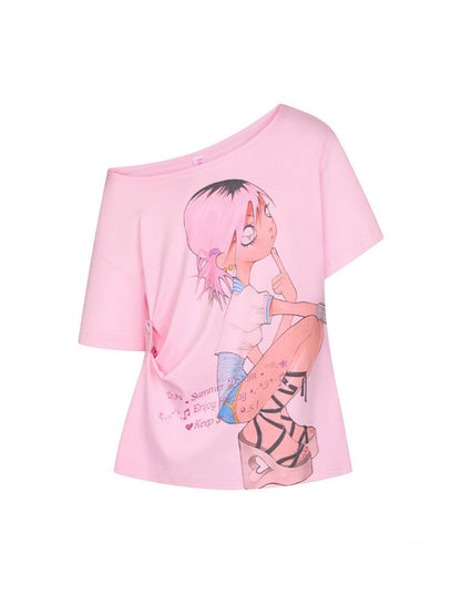 Slanted Shoulder Relaxation Manga Girl Print Short Sleeve T-Shirt【s0000017362】