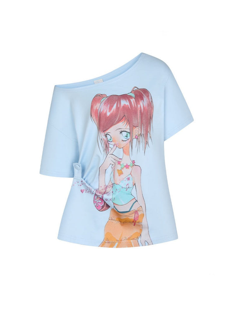 Slanted Shoulder Relaxation Manga Girl Print Short Sleeve T-Shirt【s0000017362】