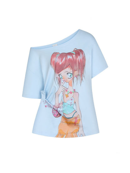 Slanted Shoulder Relaxation Manga Girl Print Short Sleeve T-Shirt【s0000017362】
