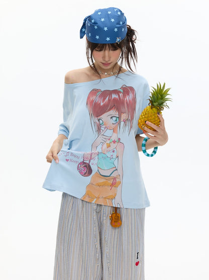 Slanted Shoulder Relaxation Manga Girl Print Short Sleeve T-Shirt【s0000017362】