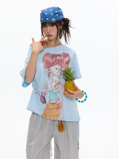 Slanted Shoulder Relaxation Manga Girl Print Short Sleeve T-Shirt【s0000017362】