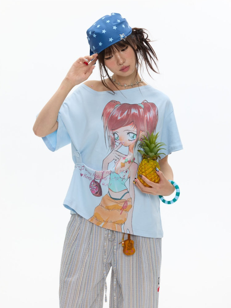 Slanted Shoulder Relaxation Manga Girl Print Short Sleeve T-Shirt【s0000017362】