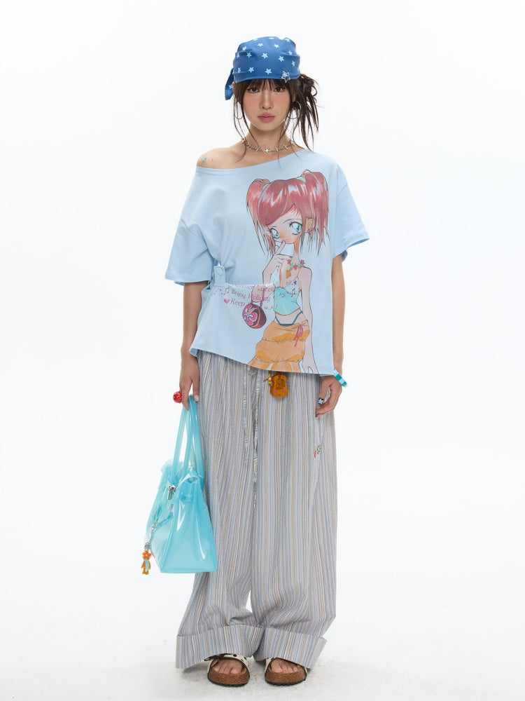 Slanted Shoulder Relaxation Manga Girl Print Short Sleeve T-Shirt【s0000017362】