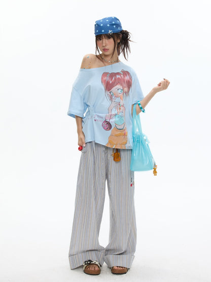 Slanted Shoulder Relaxation Manga Girl Print Short Sleeve T-Shirt【s0000017362】