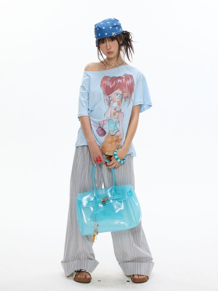 Slanted Shoulder Relaxation Manga Girl Print Short Sleeve T-Shirt【s0000017362】