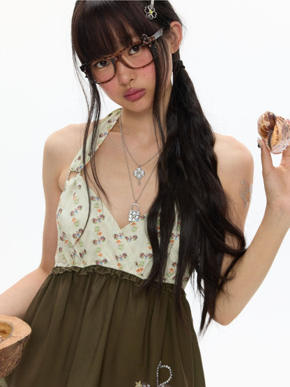 The Wizard of Oz Green Floral Heart Hanging Neck Tops【s0000017363】