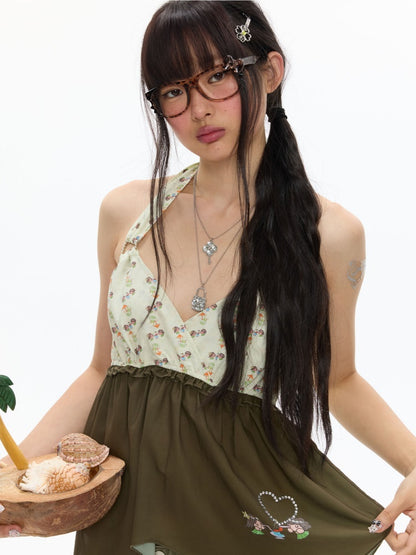 The Wizard of Oz Green Floral Heart Hanging Neck Tops【s0000017363】
