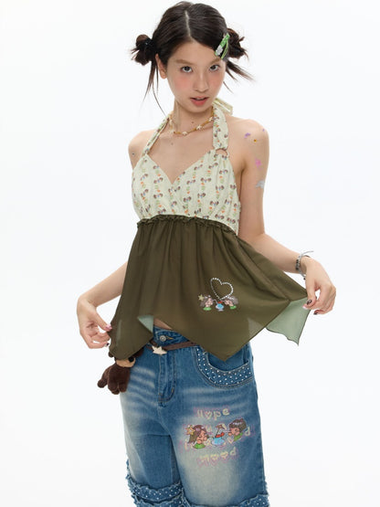 The Wizard of Oz Green Floral Heart Hanging Neck Tops【s0000017363】