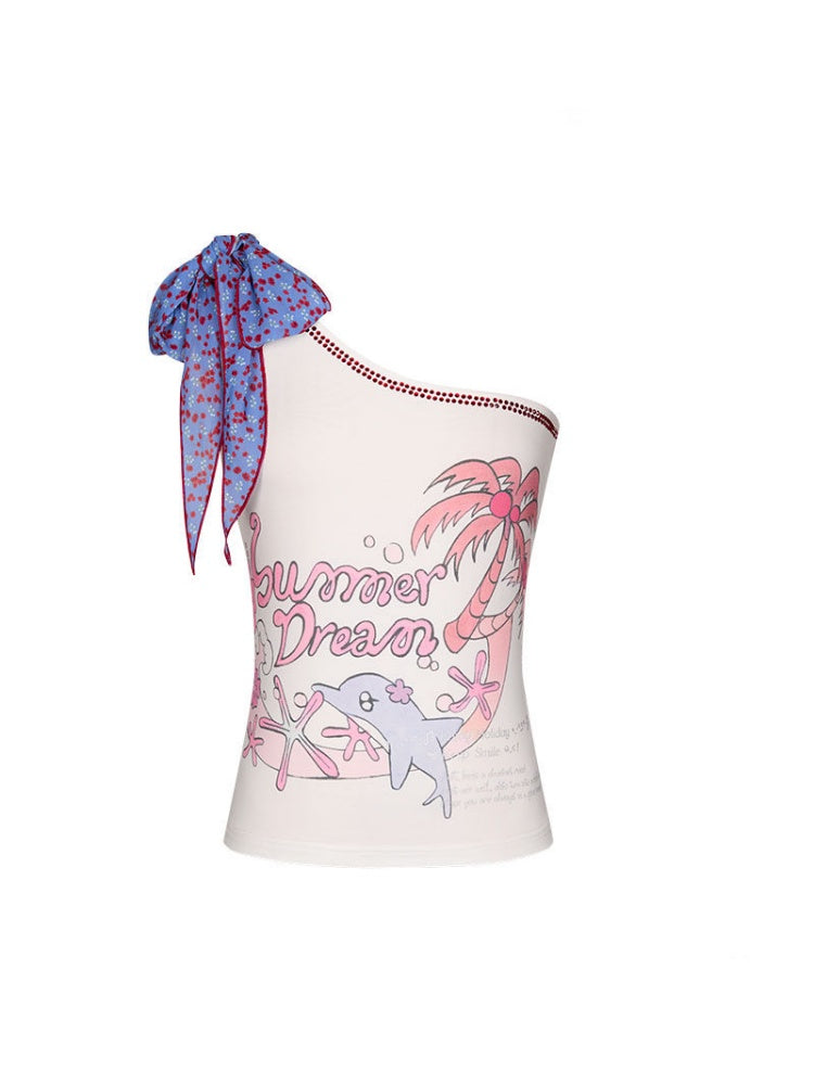 Coconut Tree Dolphin Vacation Scarf Lace-up Shoulder Tops【s0000017364】