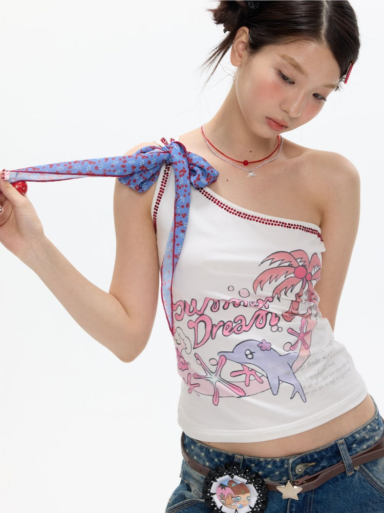 Coconut Tree Dolphin Vacation Scarf Lace-up Shoulder Tops【s0000017364】