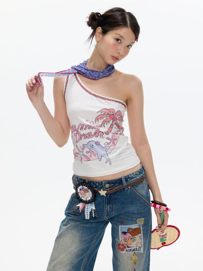 Coconut Tree Dolphin Vacation Scarf Lace-up Shoulder Tops【s0000017364】