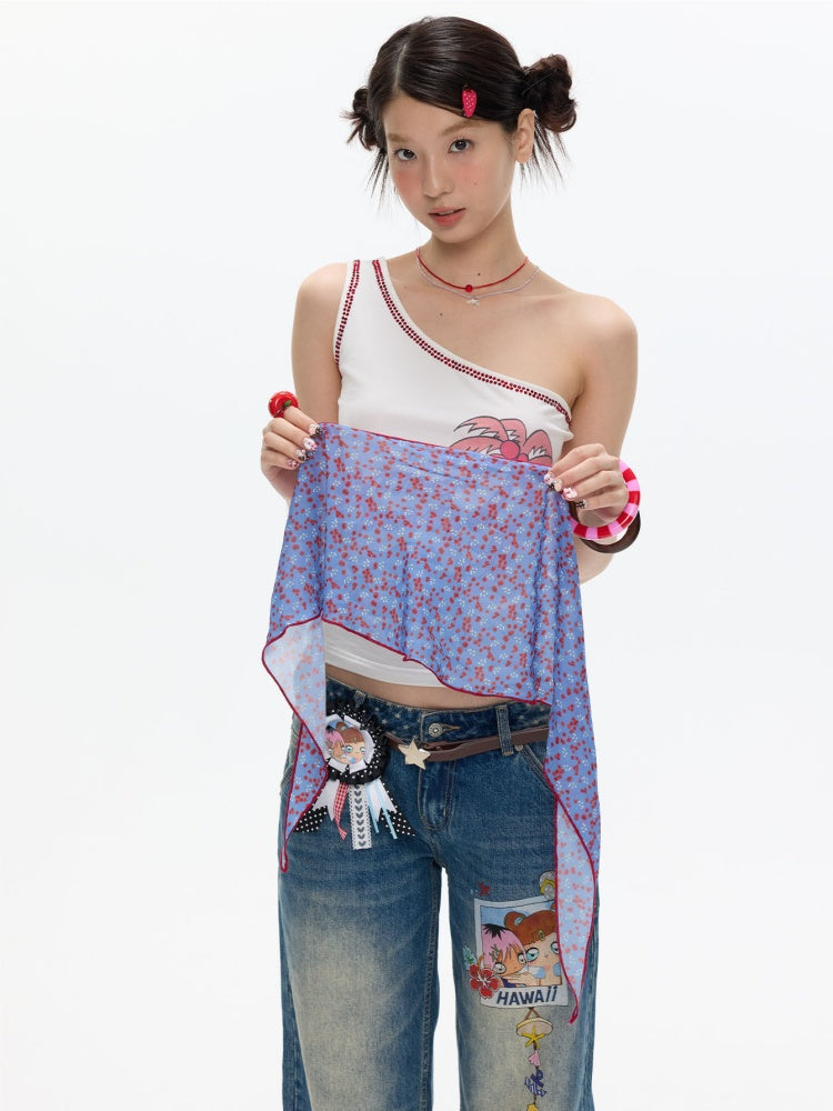 Coconut Tree Dolphin Vacation Scarf Lace-up Shoulder Tops【s0000017364】