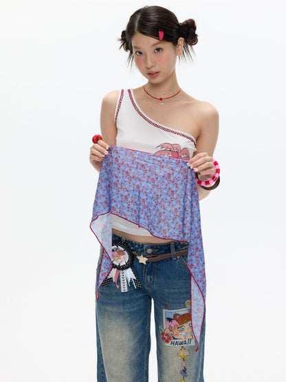 Coconut Tree Dolphin Vacation Scarf Lace-up Shoulder Tops【s0000017364】