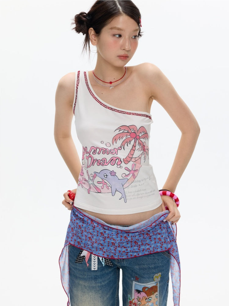 Coconut Tree Dolphin Vacation Scarf Lace-up Shoulder Tops【s0000017364】