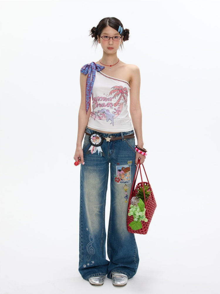 Coconut Tree Dolphin Vacation Scarf Lace-up Shoulder Tops【s0000017364】