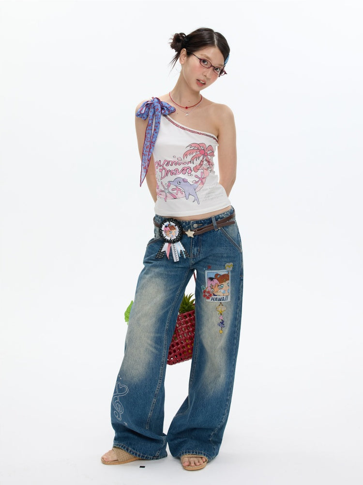 Coconut Tree Dolphin Vacation Scarf Lace-up Shoulder Tops【s0000017364】