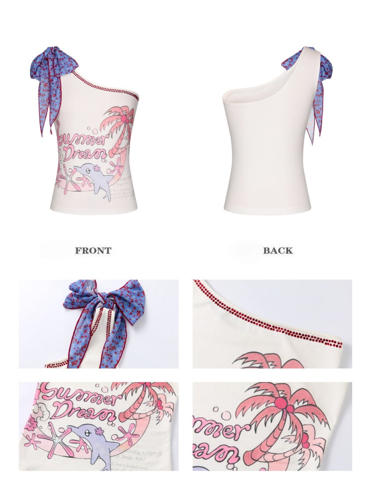 Coconut Tree Dolphin Vacation Scarf Lace-up Shoulder Tops【s0000017364】