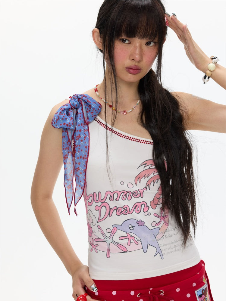 Coconut Tree Dolphin Vacation Scarf Lace-up Shoulder Tops【s0000017364】