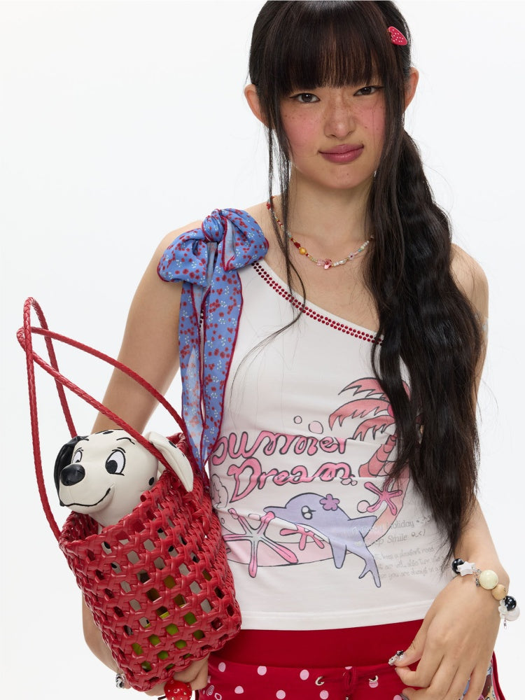 Coconut Tree Dolphin Vacation Scarf Lace-up Shoulder Tops【s0000017364】