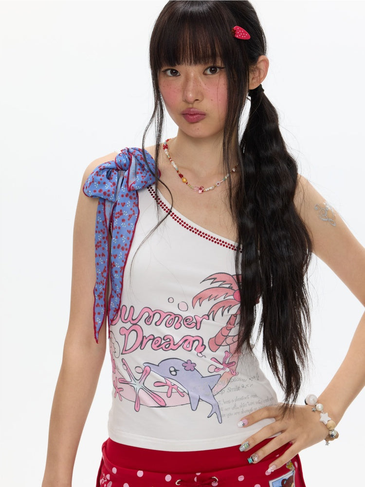Coconut Tree Dolphin Vacation Scarf Lace-up Shoulder Tops【s0000017364】