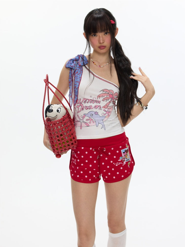 Coconut Tree Dolphin Vacation Scarf Lace-up Shoulder Tops【s0000017364】