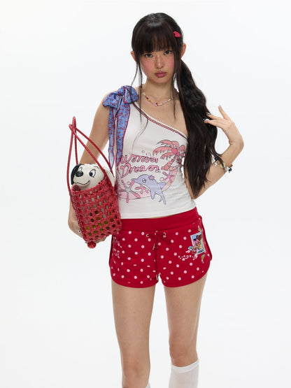 Coconut Tree Dolphin Vacation Scarf Lace-up Shoulder Tops【s0000017364】