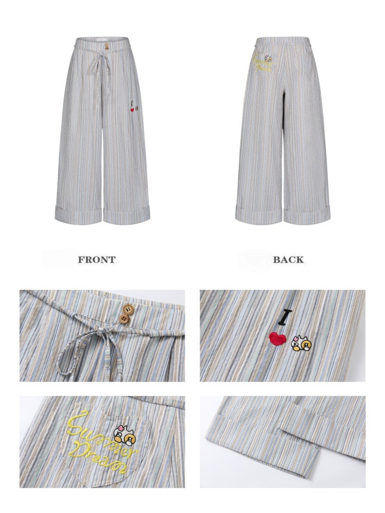 Relaxed Striped Embroidery I Love Kitten Shirt Pants【s0000017365】