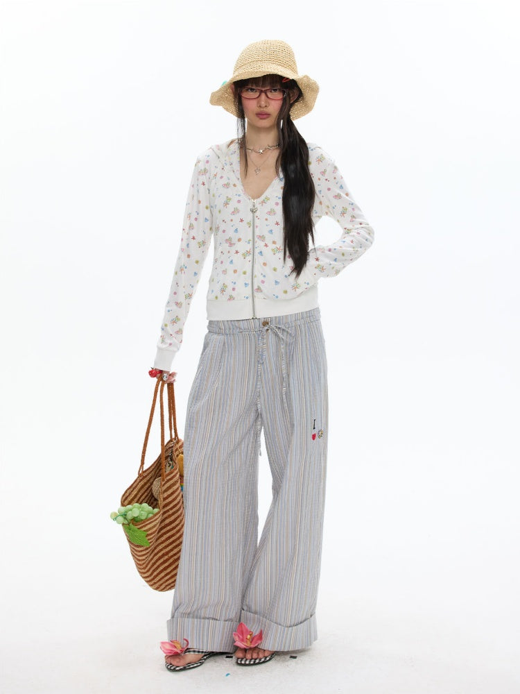 Relaxed Striped Embroidery I Love Kitten Shirt Pants【s0000017365】