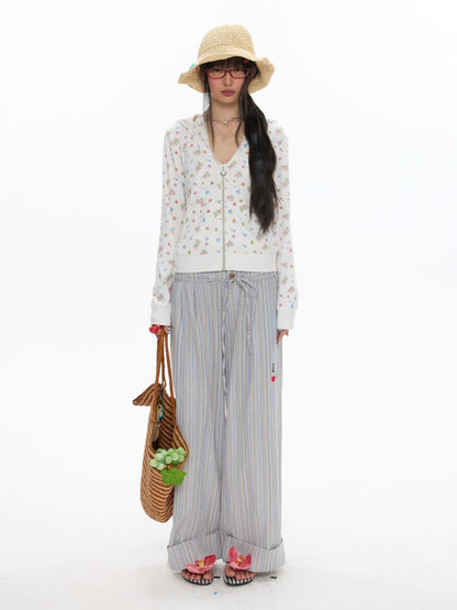 Relaxed Striped Embroidery I Love Kitten Shirt Pants【s0000017365】